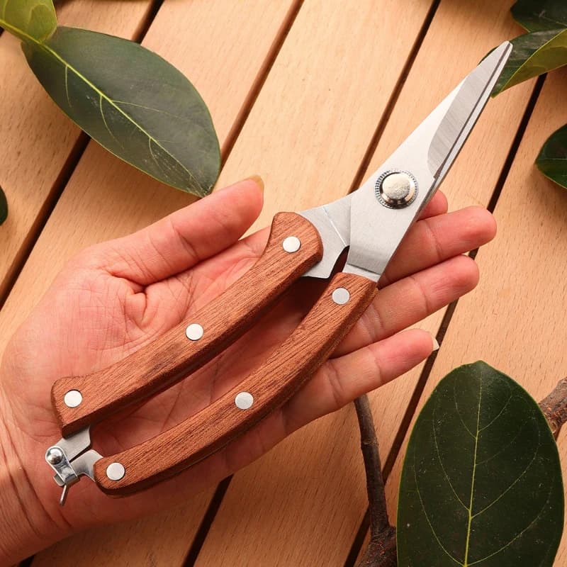 Wooden Non-slip Handle Pruning Shears, Manganese Steel Garden Scissors for Fruit Picking, Plant Thinning & Grafting