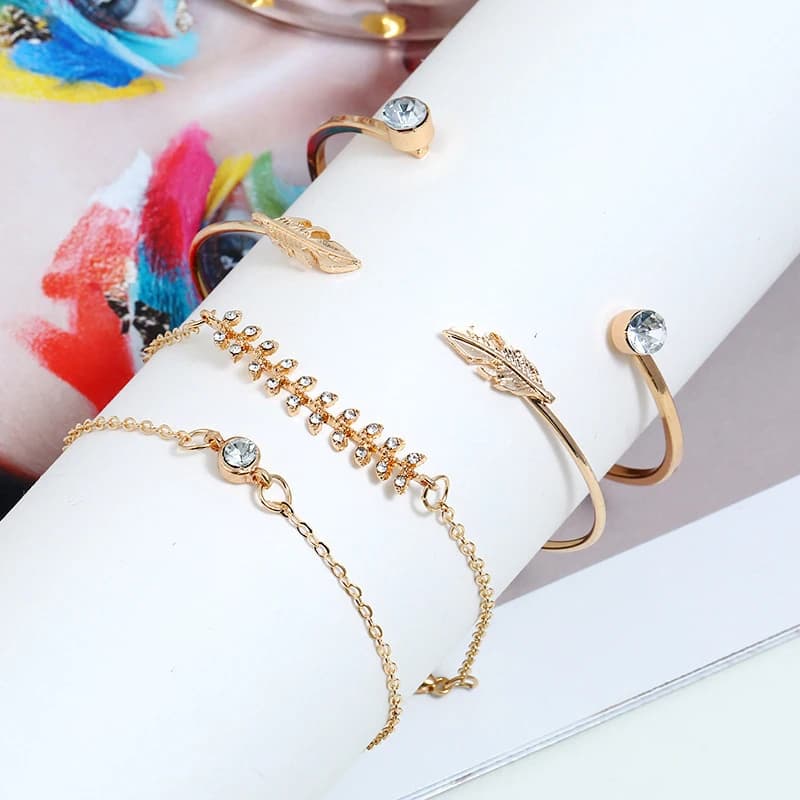 4Pcs/set Fashion Women Geometric Crystal Leaf Bracelet Adjustable Bangle Jewelry