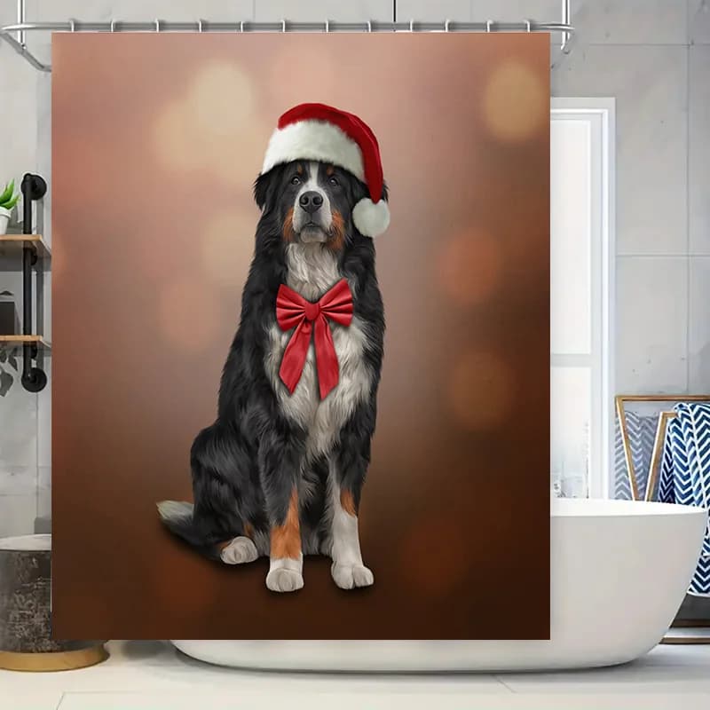 Natale Cappello da Babbo Natale Papillon Tenda da doccia per cani Decorazione per bagno Capodanno Ritratto di animale domestico Stampa Tappetino da bagno in tessuto impermeabile Co