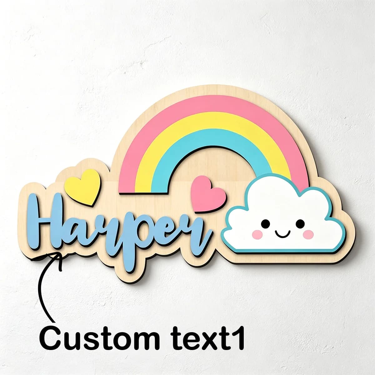 1pc Custom Rainbow Cloud Heart Wooden Name Sign Personalized Cursive Text Wall Hanging Home Decor Gift