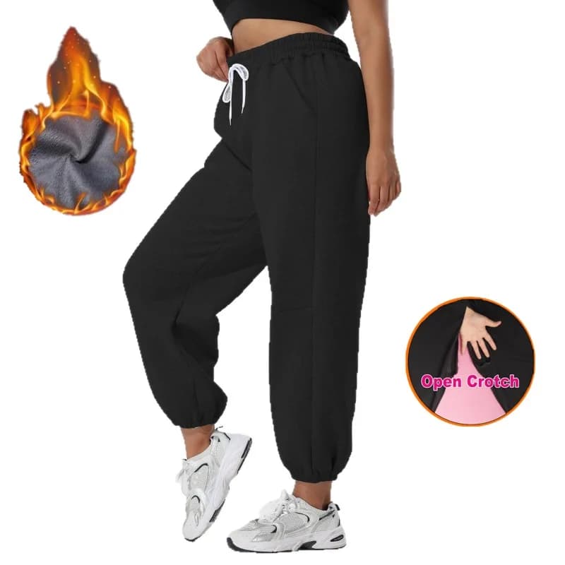 Women's thermal leggings with opening on the horse Women's clothing Casual sports pants with fleece pocket with solid colored drawstring with racing