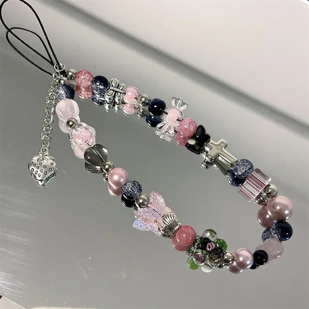 Corea Y2K Rosa Perline Fiore Caramella Farfalla Bracciale Catena per telefono Ciondolo per iPhone Accessori universali Catena Gioielli alla moda