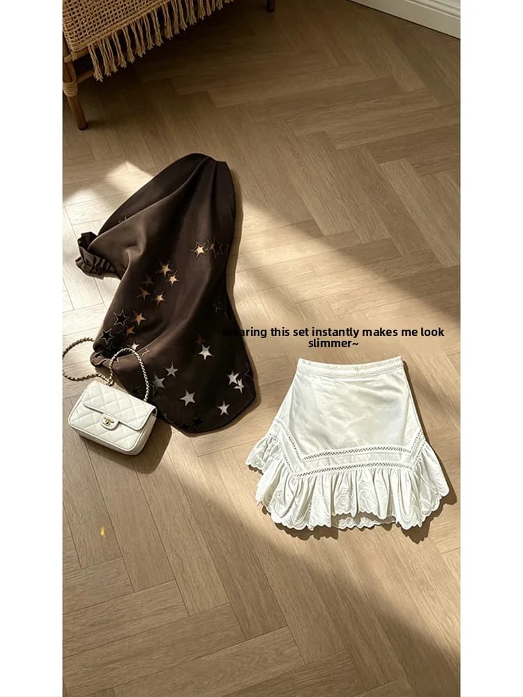 Sweet Sister Style Star Hollow out Shoulder Design Women's Summer Lace Embroidery Skirt Two-Piece Set High Waist Short S...