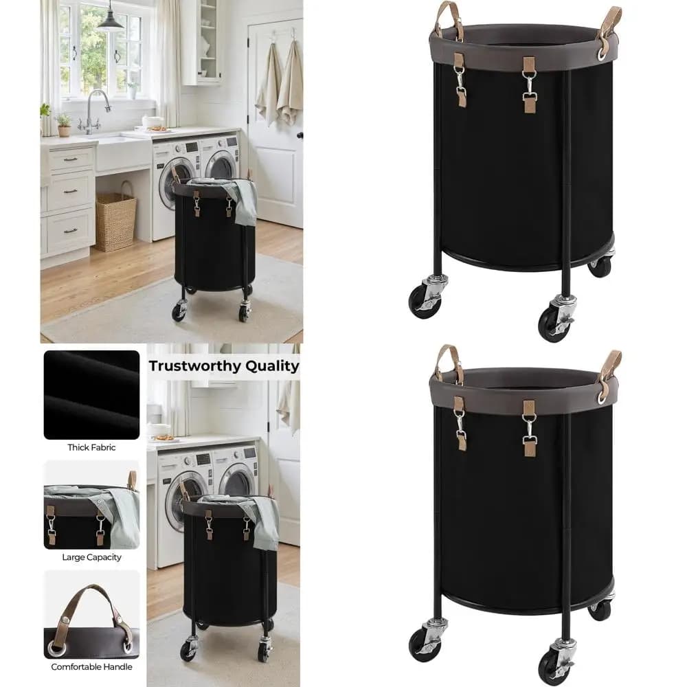 110L Large Wallet Basket with Wheels, Steel Frame, Removable Bag, 4 Wheels, 2 Brakes, Black