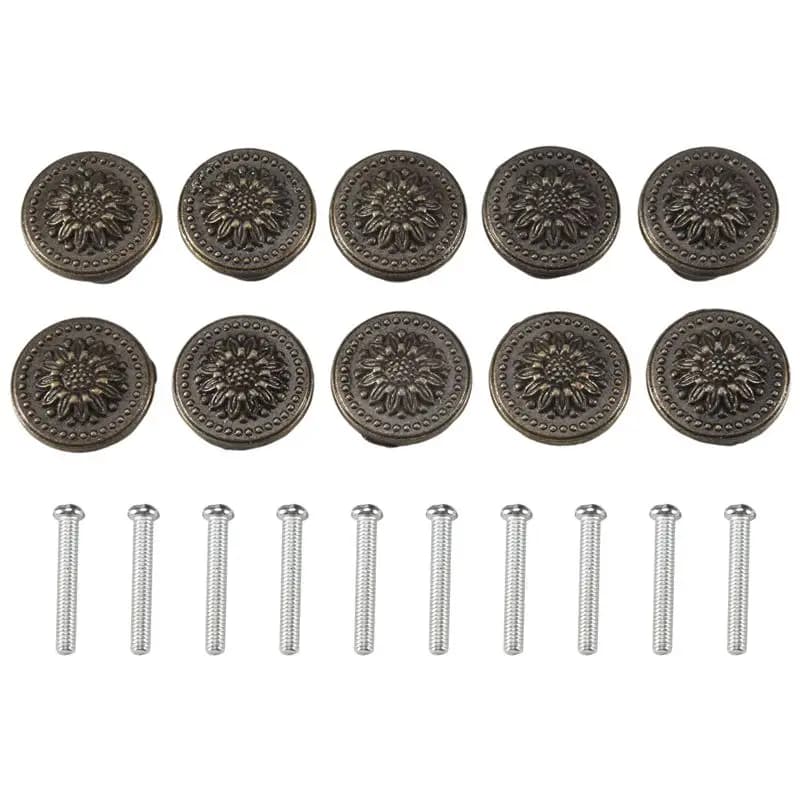 BHTS-10 Confezione di Maniglie Rotonde Antiche Bronzate a Forma di Fiore per Armadietti da Cucina, Cassetti e Porte con Viti 25 X 23Mm