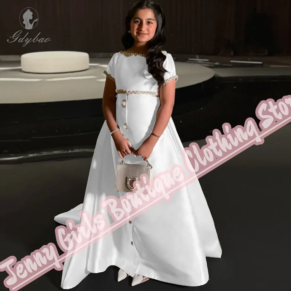Abito da ballo per ragazza in raso bianco con strascico di perle, matrimonio principessa, festa di compleanno, prima comunione, eventi formali, abito per ospiti