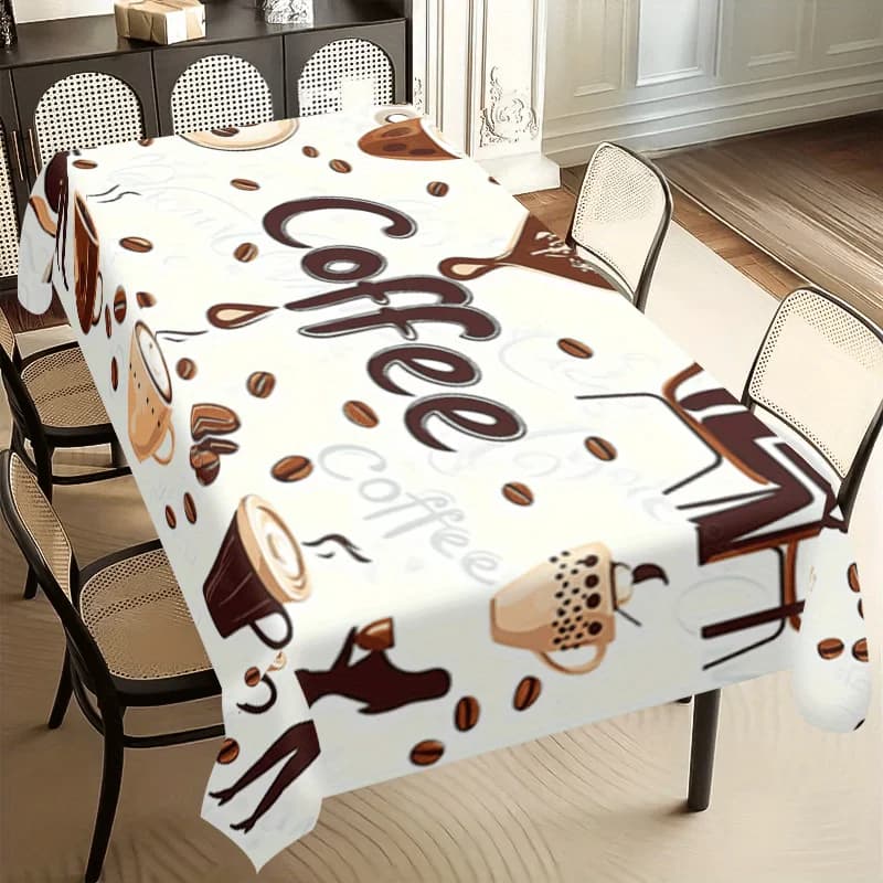 One white coffee-themed tablecloth - featuring vintage coffee beans and cups pattern, polyester rectangular table cover
