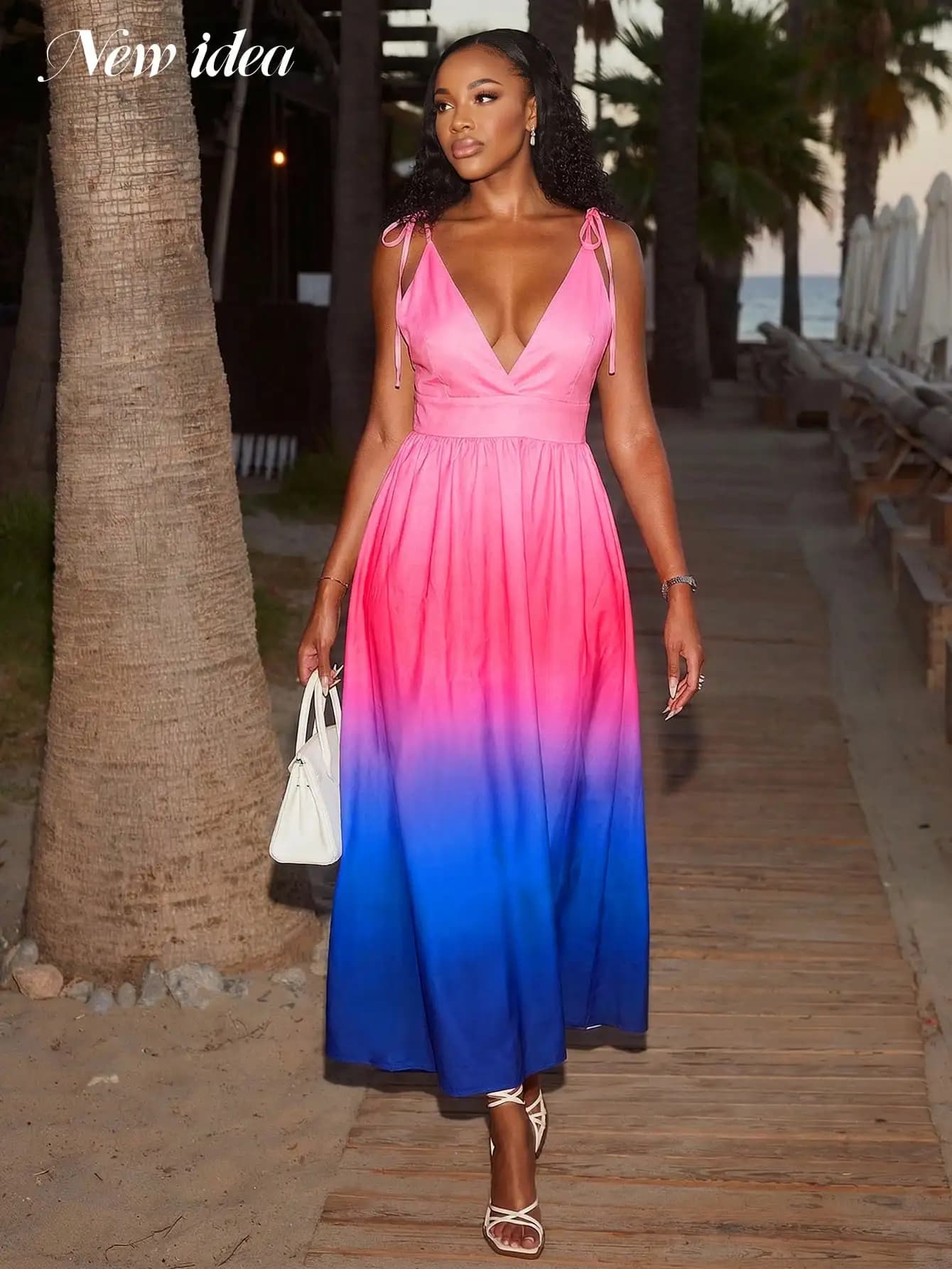 Women Elegant Pink To Blue Ombre Spaghetti Strap V Neck High Waist Flared Maxi Dress Summer Beach Vacation