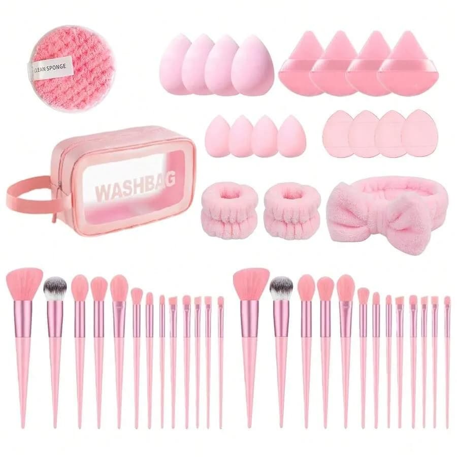 Set di Trucco Rosa con Tutto il Necessario: Pennelli, Spugnette, Fascia per Capelli, Braccialetti e Borsa Cosmetica