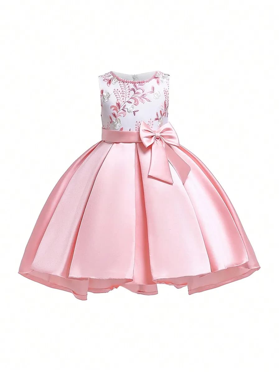 Satin Embroidered Floral Bow A-Line Evening Dress For Women