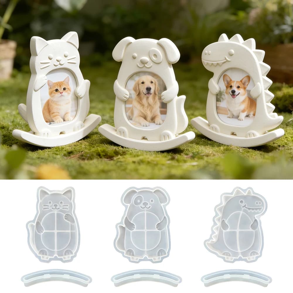 S0278 Stampo in Silicone per Cornice Portafoto in Resina Epossidica con Animali Carini, Cani, Gatti, Dinosauri, per Decorazioni Fai-da-Te Personalizzate