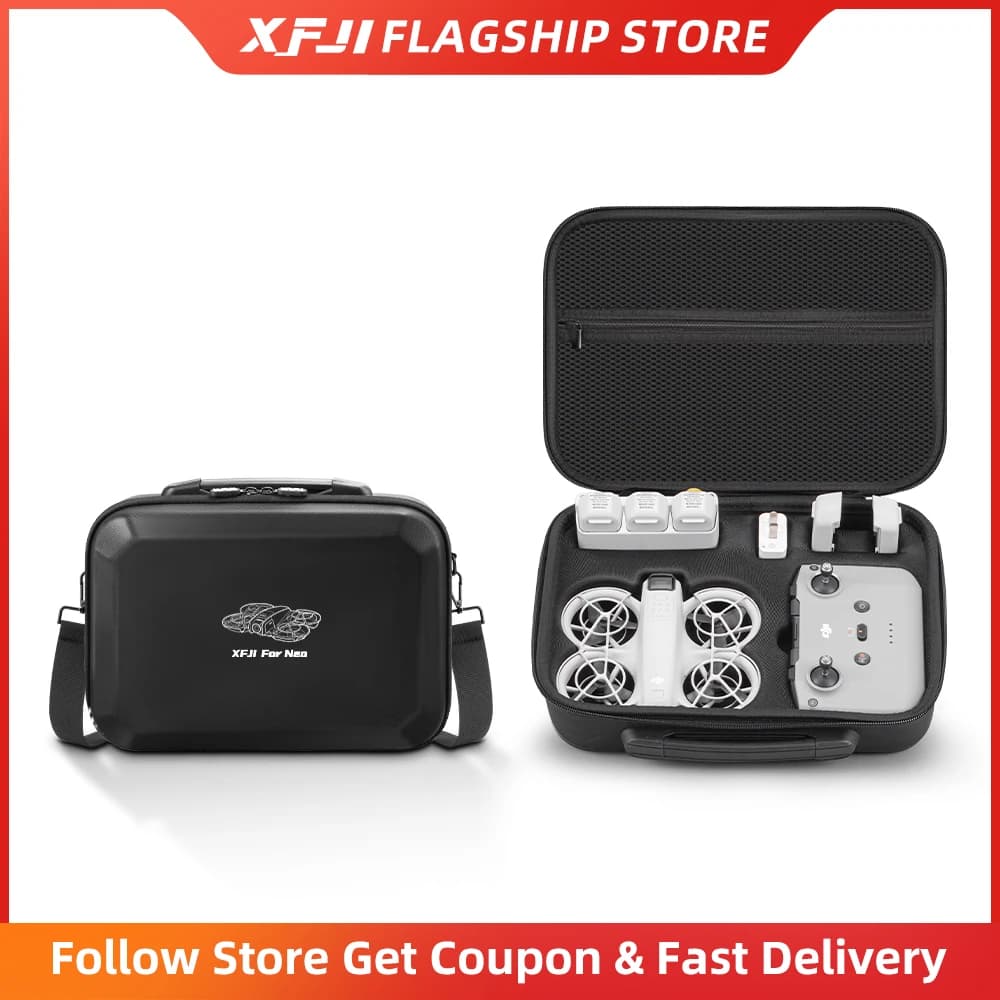 XFJI transport case compatible with DJI NEO Combo, PU leather strap bag, travel bag for drone accessories