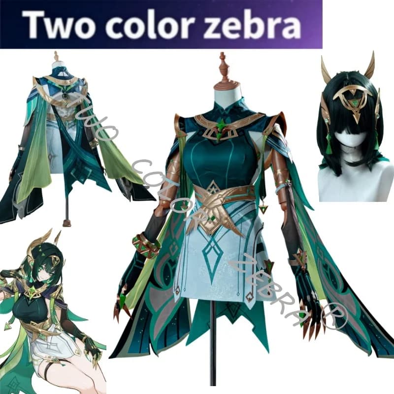Costume Cosplay Genshin Impact Nefer Verde, Set con Sciarpa, Top Teal, Gonna, Mantello e Parrucca per Halloween, Comic Con e Feste a Tema