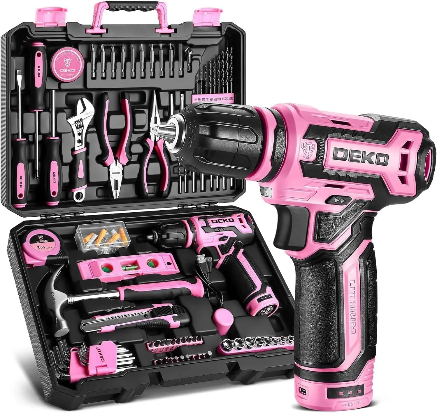 Set Trapano Senza Fili Rosa per Donne, Kit Utensili Elettrici 12V con Valigetta per Riparazioni Domestiche