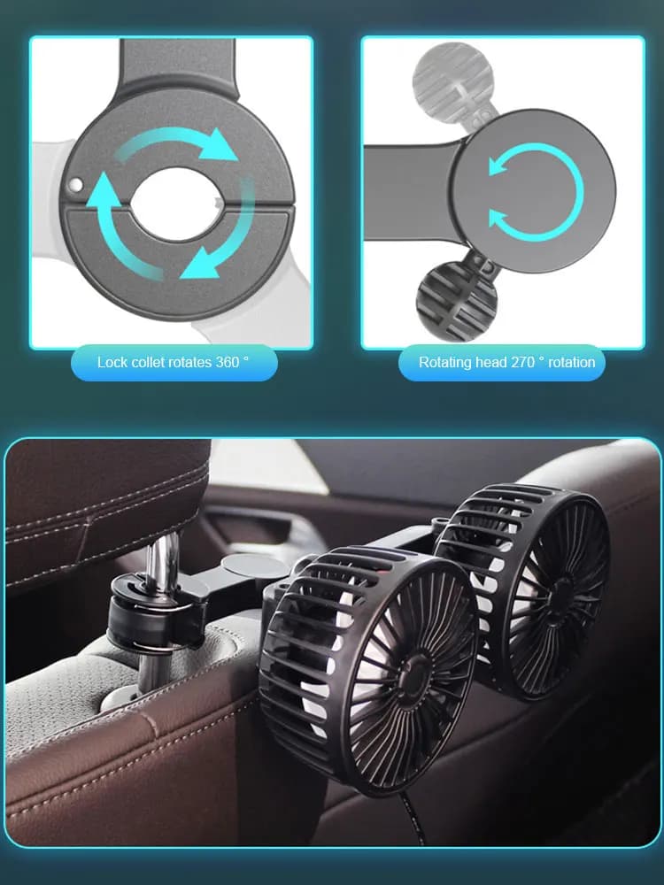 Ventilatore Elettrico 12V/24V per Poggiatesta Auto con Ricarica USB, Potente Ventola a 360 Gradi per Sedan