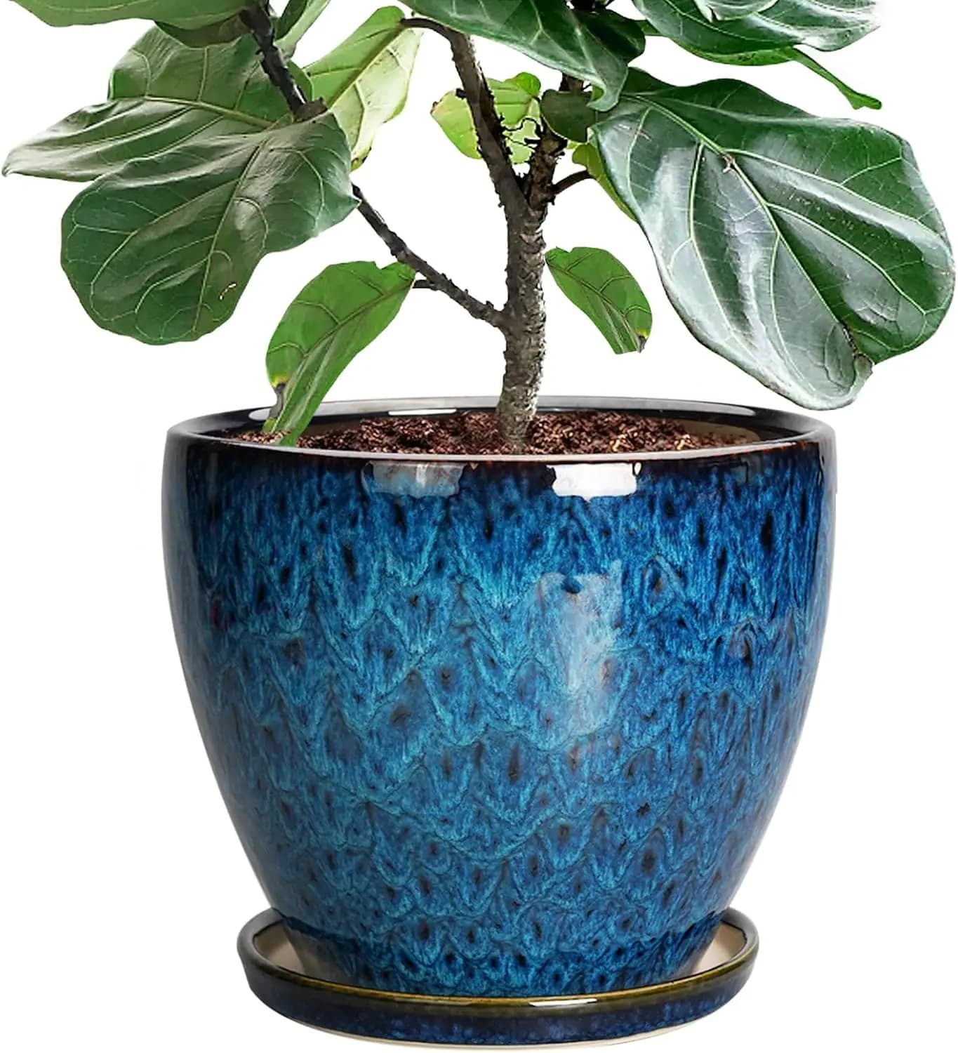 10 Inch Ceramic Vase with Drainage and Subvaded Hole, Blue Round Vase for Indoor and Exterior Plants