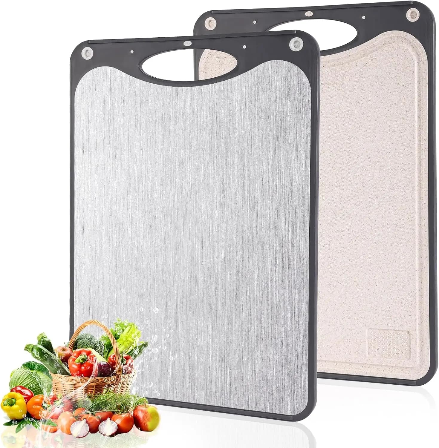 Double Sided Titanium Cutting Board for Kitchen, 15x10 Inch Large Chopping Board with Juice Groove, Easy Clean Wheat Straw PP