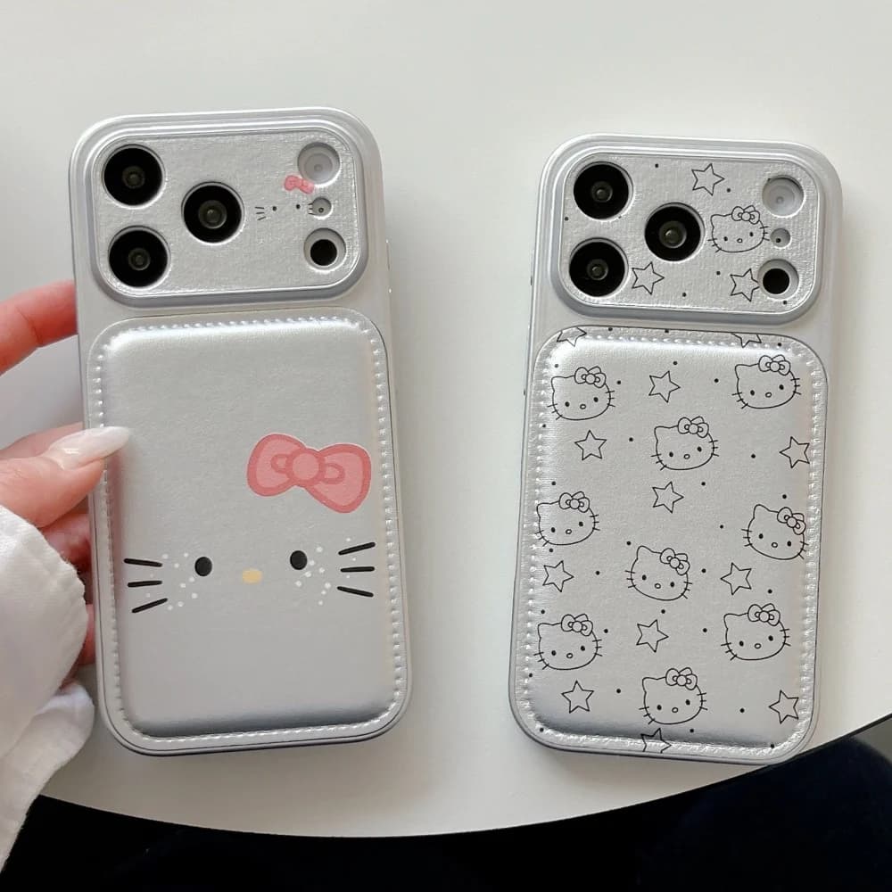 Luxury cute silver KT cat leather phone case for iPhone 17 Pro Max 16 Pro 15 14 Pro Max Shockproof protective case