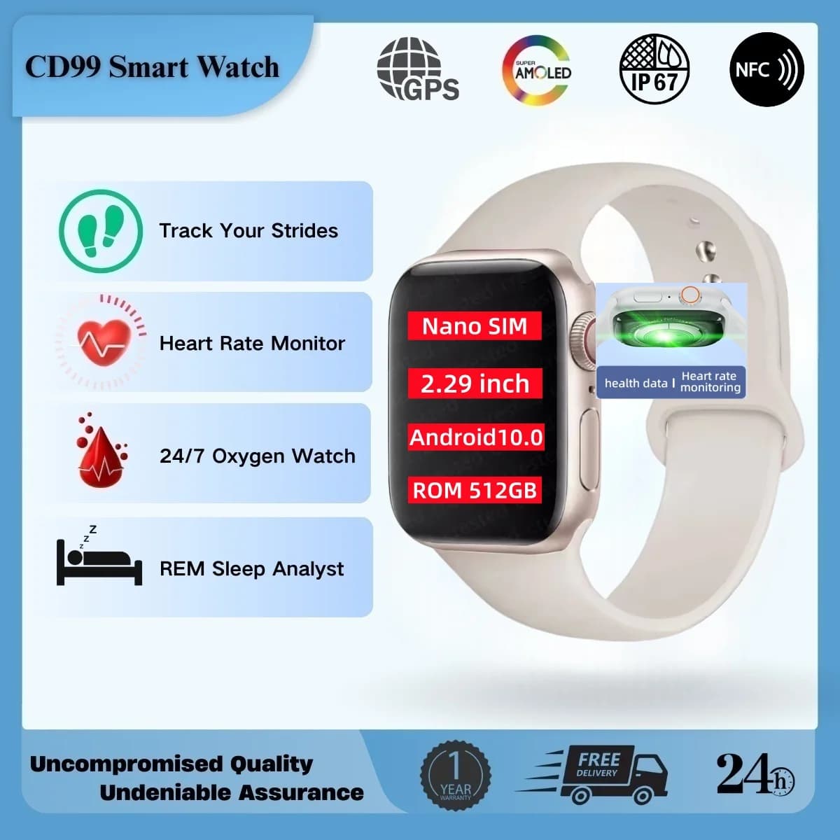 Smartwatch with SIM for Men and Women, Smart Bracelet with Cardiac Frequency Monitoring, Counter, Fitness, Health, Waterproof