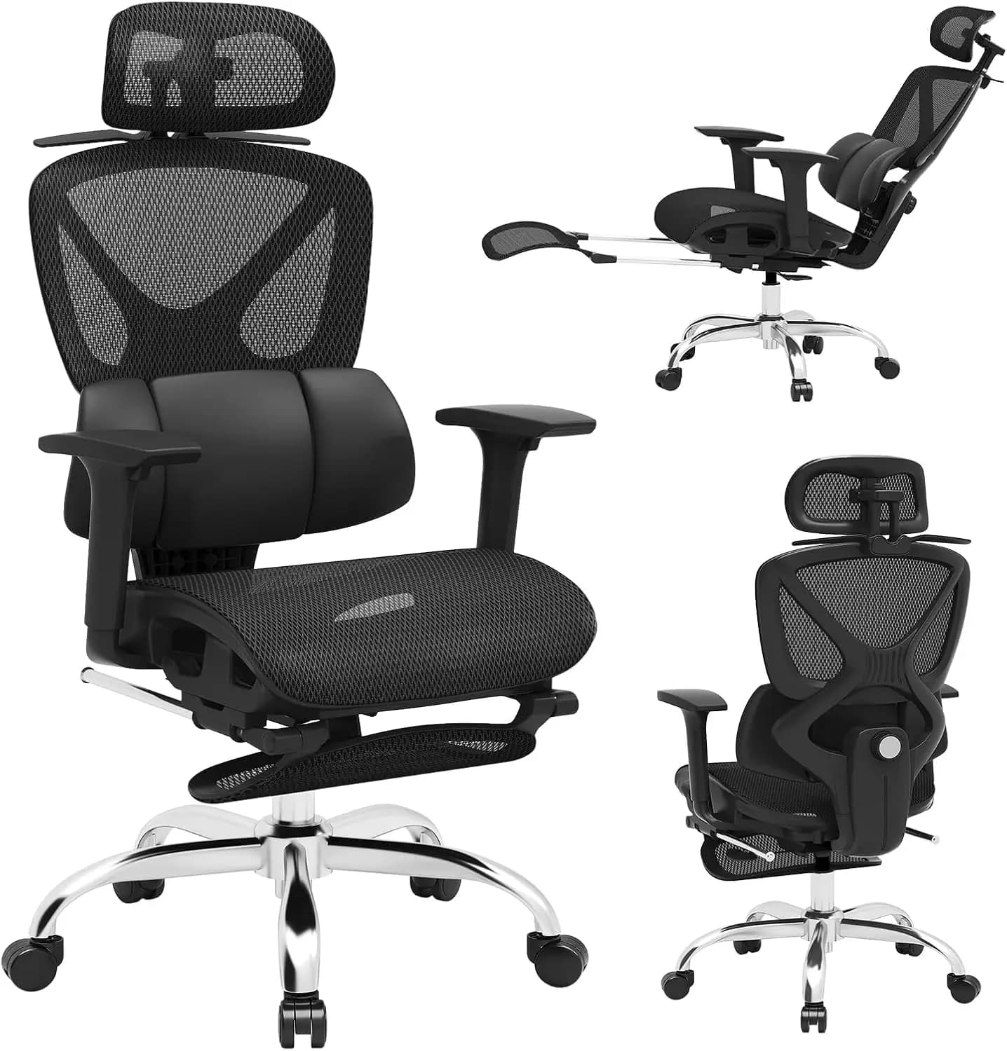 Sedia da Ufficio Ergonomica in Rete con Supporto Lombare Regolabile, Poggiatesta 3D e Braccioli per Scrivania o Gaming, Nera