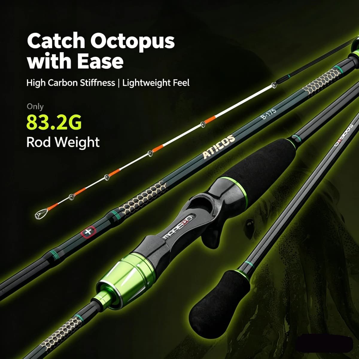 Canna da Pesca MARISOO ATICOS 30T+40T in Fibra di Carbonio Mista, Ultra-leggera e Ultra-rigida, in Due Pezzi, per Pesca a Traina di Calamari/Polpi
