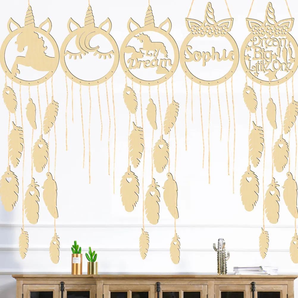 5Sets DIY Wood Dream Catcher Material Kit Unicorn Pendants for Wall Hanging Bedroom Decor Handmade Craft Gift Making Package