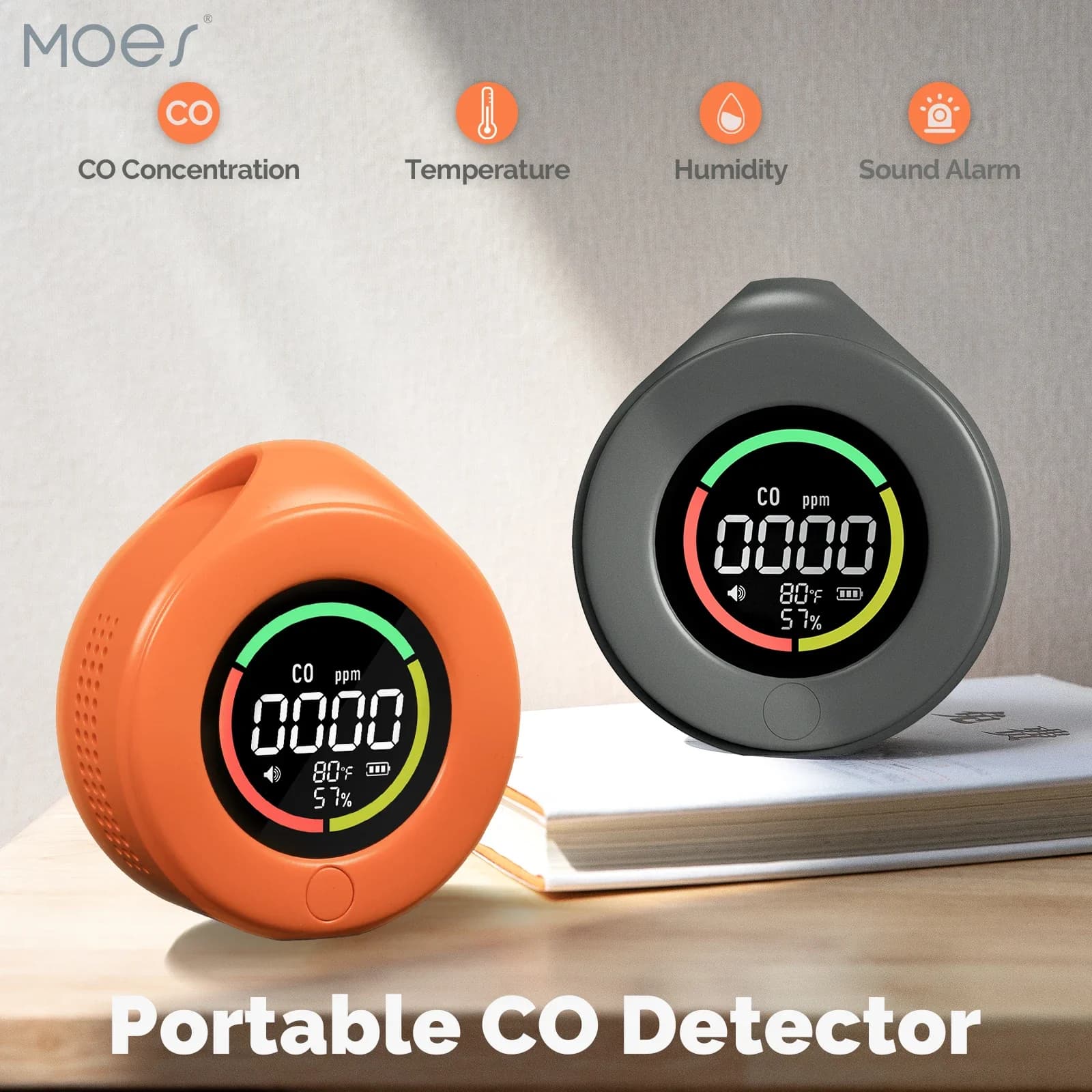 MOES Mini rilevatore di monossido di carbonio da viaggio 3 in 1 misuratore portatile di temperatura/Humi/CO con aspirazione magnetica 120 ore in standby ricaricabile