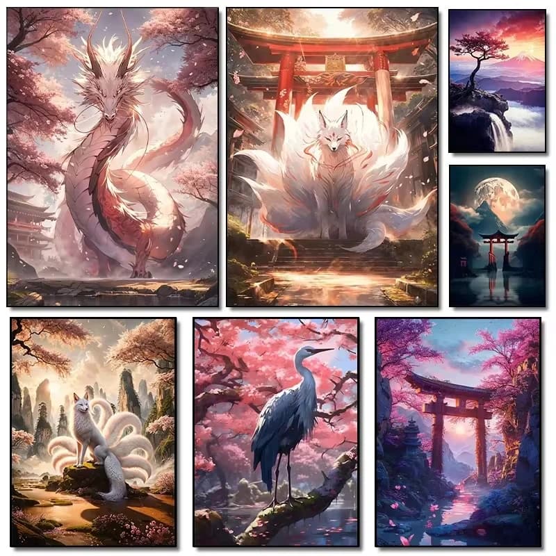 5D DIY Diamond Painting Kit Japanese Shrine Scenery Dragon Fox Cat Crane Art Full Drill Rhinestone Wall Decor Gift