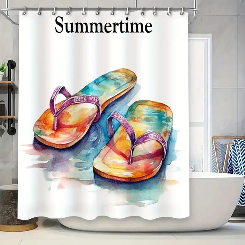Tenda da doccia infradito acquerello con decorazioni per il bagno a tema estivo per bambini o adulti – set di asciugamani da spiaggia colorati inclusi (bianco