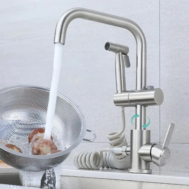 Stainless Steel Kitchen Faucet Set 360 Rotate Basin Sink Tap with Bidet Sprayer Nozzle 2 Function Deck Mount Hot Cold Mixer Tap