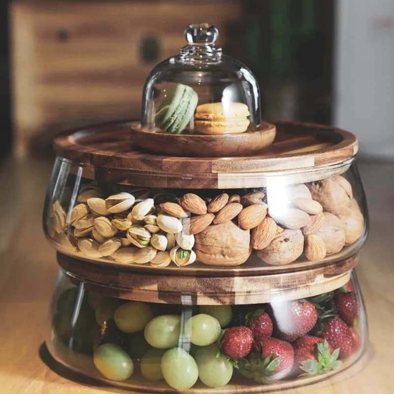 Contenitori creativi per alimenti in vetro con vassoio con coperchio in legno, soggiorno, cucina domestica, snack, frutta, caramelle, noci, bottiglie di stoccaggio