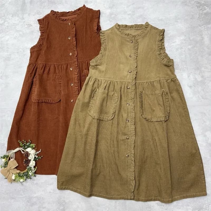 Johnature Nuovo abito gilet abbottonato senza maniche in velluto a coste con bordi arricciati Nuovi abiti da ragazza foresta casual allentati primavera autunno