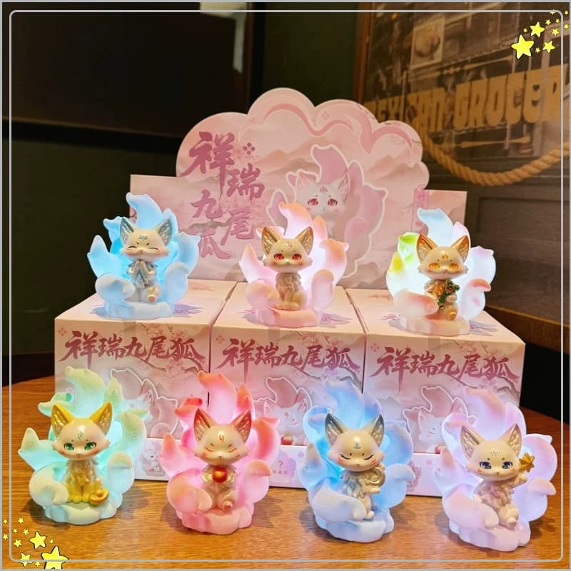 Lucky Nine Tailed Fox Blind Box Cartoon Character Statue LED Night Light Plush Cute Desktop Car Decoration Collection Toys gift