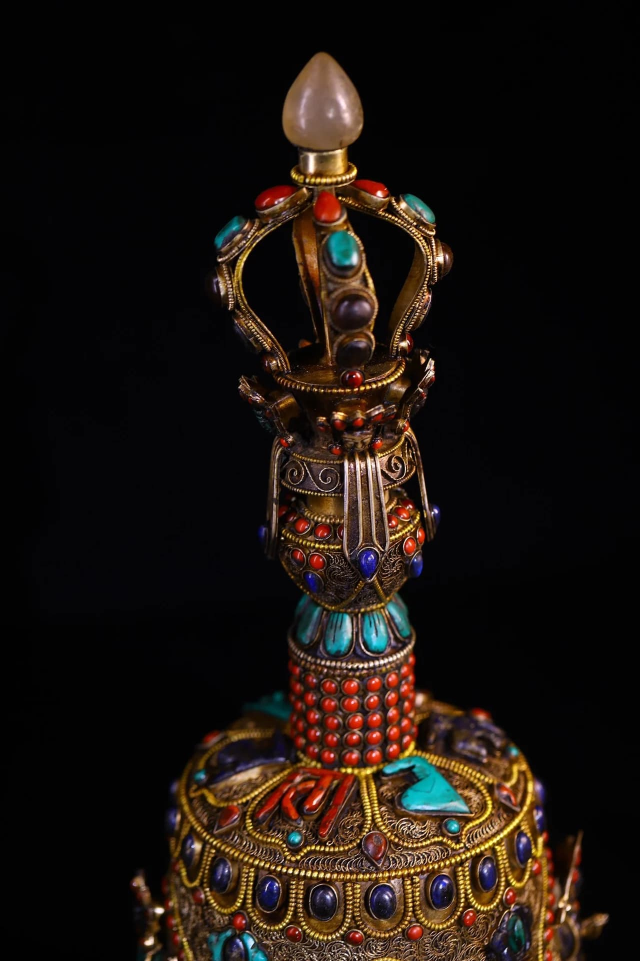 14"Nepalese folk Old Tibetan Silver Filigree Mosaic Gem Turquoise lapis lazuli Buddha Bell Vajra Worship Hall