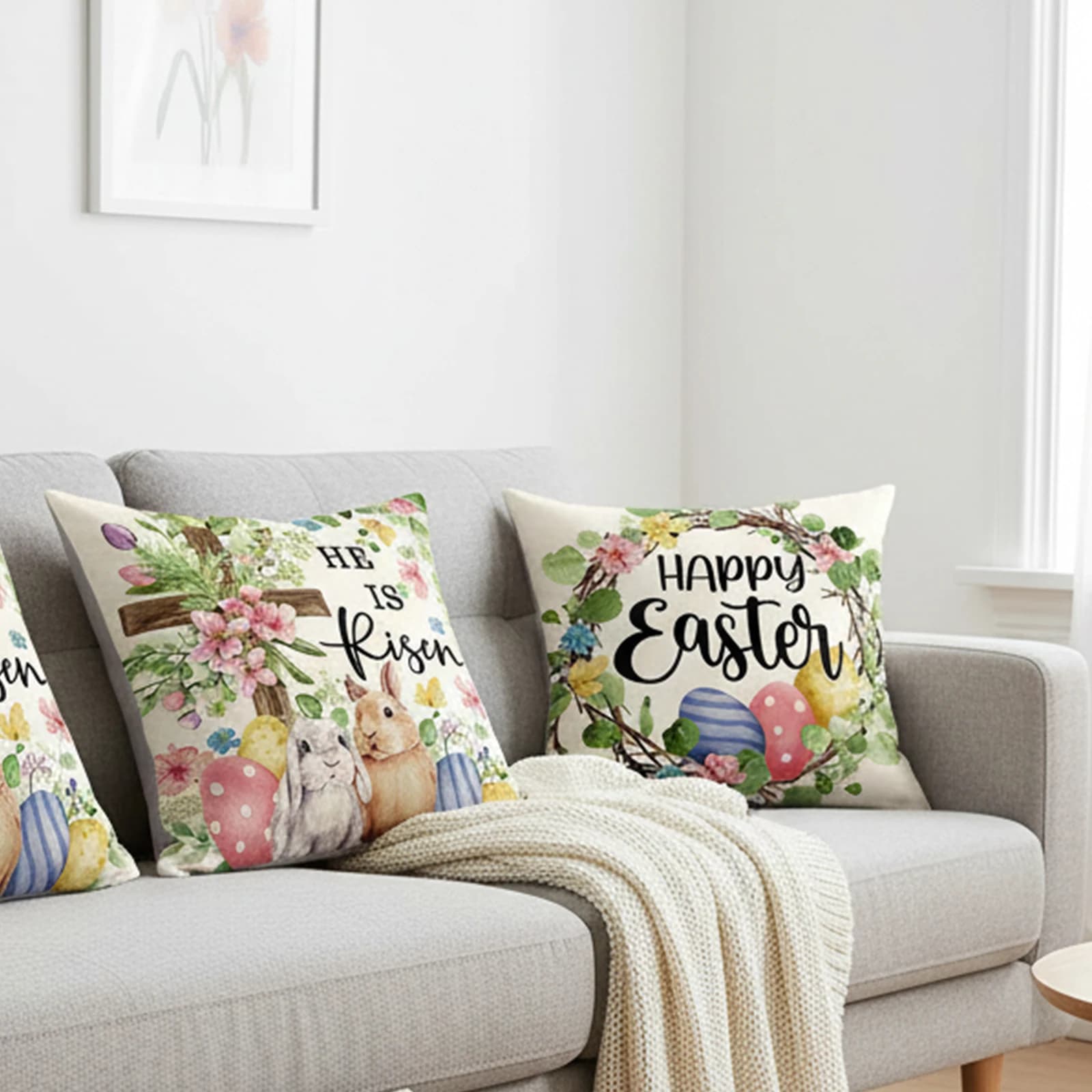 Fodere per Cuscini Decorativi con Uova di Pasqua e Coniglietto Pasquale, 18x18 Pollici, Set da 4, Stile Floreale Rustico, per Divano, Letto, Soggiorno
