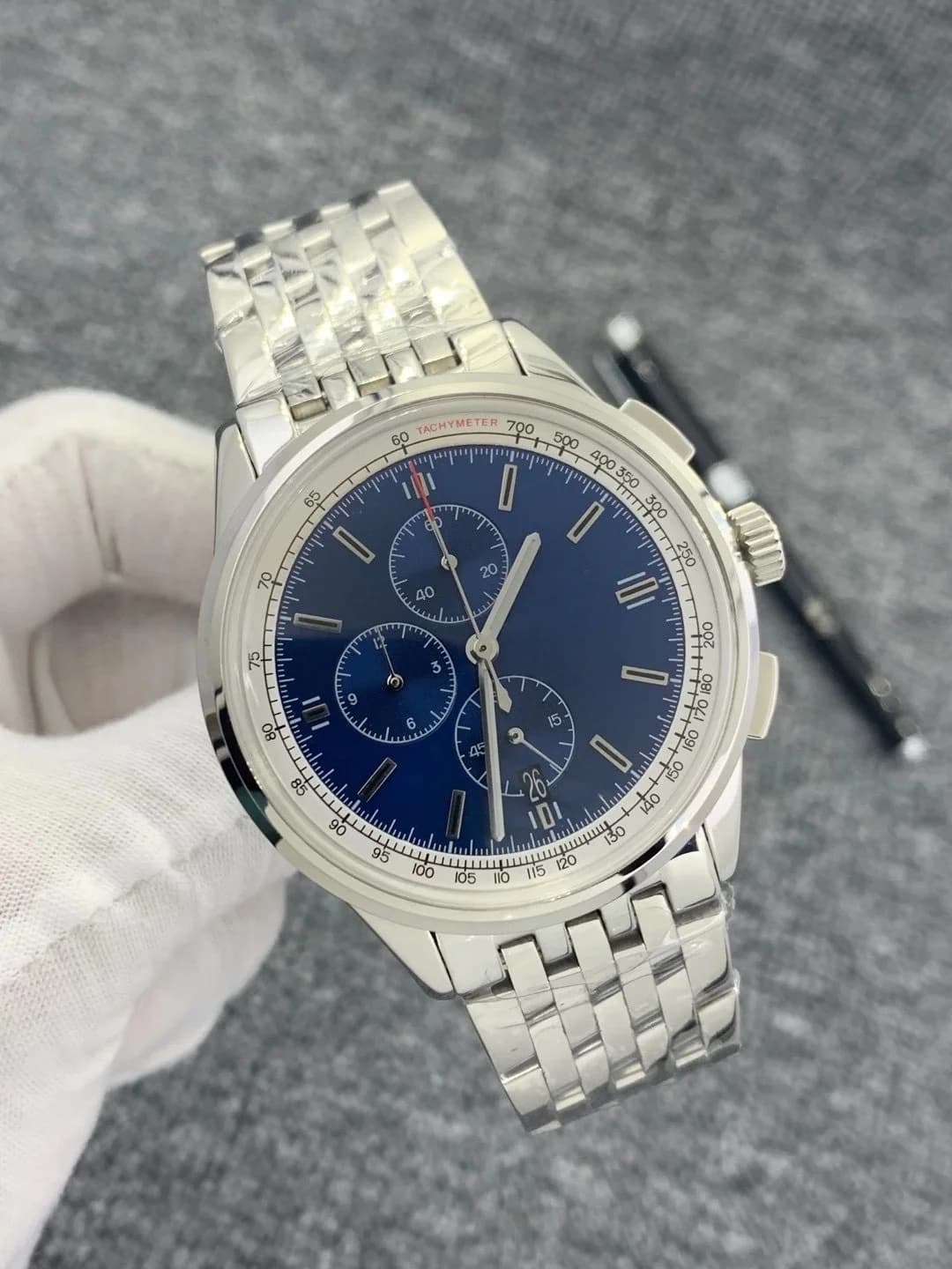 Men Quartz Chronograph Watch 3 Dial Colors Blue Black White Stainless Steel Bracelet Tachymeter Bezel Luminous Date Waterproof Business Casual Wristwatch Gentleman Dress Watch Gift