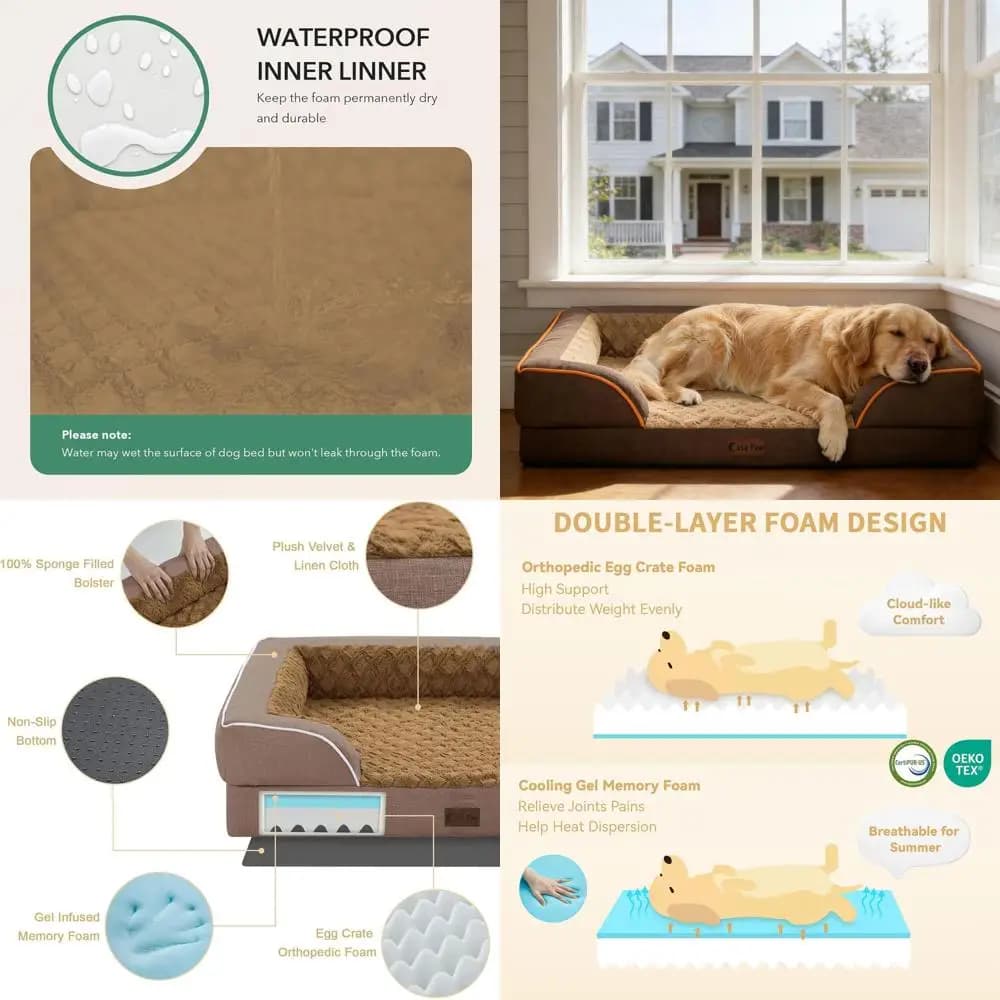 Letto Ortopedico Extra Large XL per Cani, in Memory Foam Impermeabile con Bordi, 42x30 Pollici, Antiscivolo, Fodera Rimovibile, Marrone
