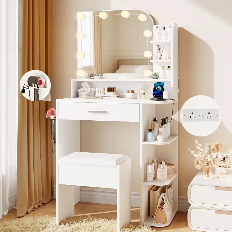 wanan Makeup Vanity with Chair, Small Vanity Desk with Mirror and Lights 3 Colors, Girls Vanity Set with Power Outlet, Compact