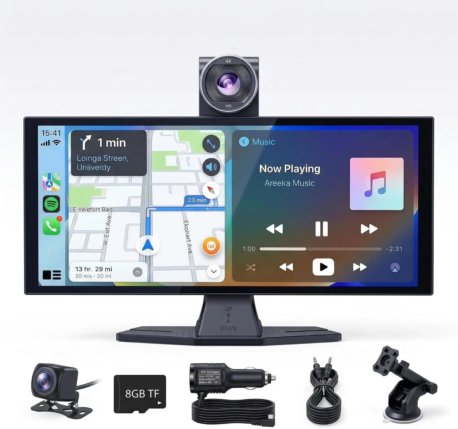 11.26" CarPlay Screen with 4K Dash Cam, Wireless Android Auto, GPS Navigation, Rear Camera, Voice Control, Bluetooth, Split Screen