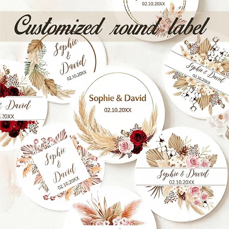 Personalized Boho Dried Pampas Palm Fan Wedding Stickers Custom Name Date Blush Burgundy Rose Gift Box Wedding Stickers