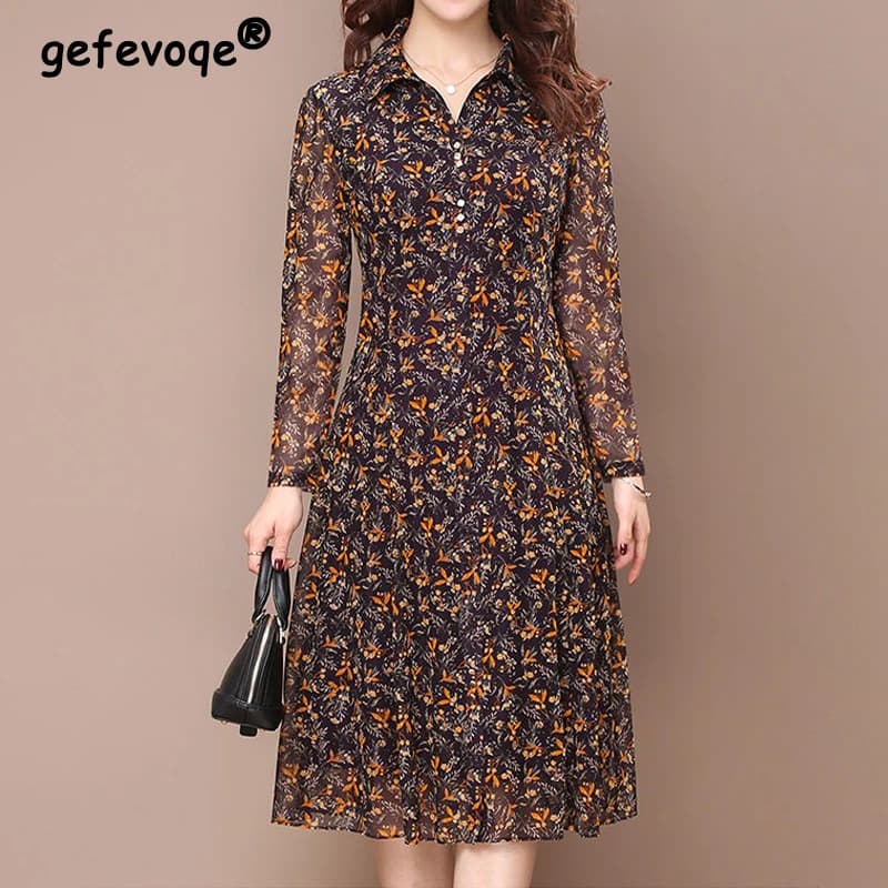 Women's Long Sleeved Dress Floral Print Elegant Collar Inverted Clothing Women Summer Dress Midi With Casual Buttons Slim All-Match