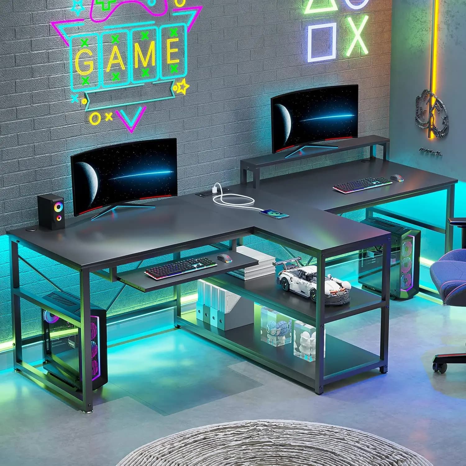 SEDETA 94.5" 2 Person Gaming Desk with Storage Shelves, LED Light, Black | Double T Shaped Office Desk with Keyboard Tray, Power Strip with USB & Monitor Stand for Home Office, Bedroom