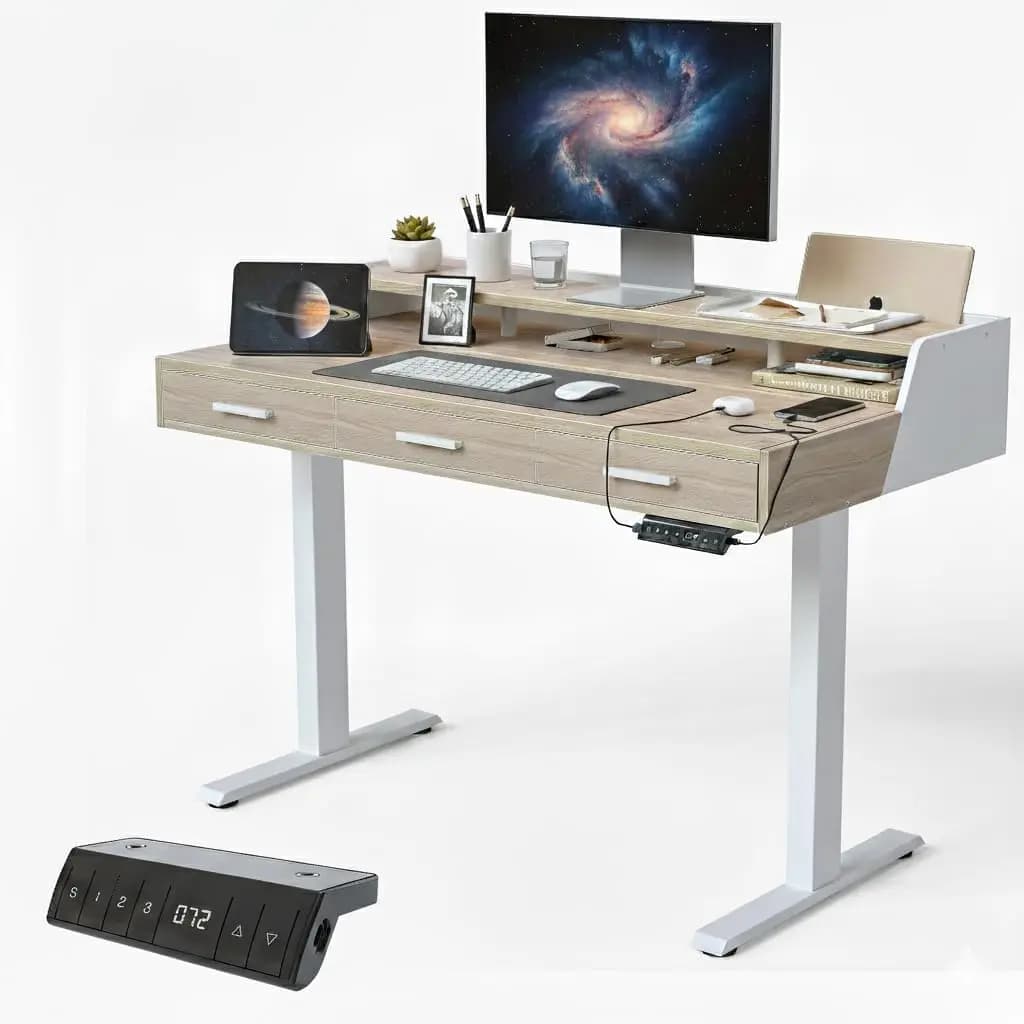 Scrivania Regolabile in Altezza con Ripiano per Monitor e Cassetti, Postazione di Lavoro Elettrica Sit-Stand in Noce Chiaro