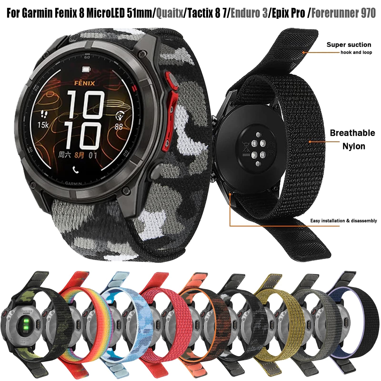 Cinturino QuickFit in nylon da 22mm 26mm per Garmin Fenix 8 pro 47mm 51mm/Enduro 3/Epix Pro Gen 2/Tactix 8 Instinct3 Sport cinturino traspirante