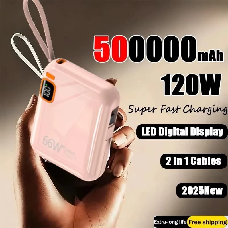 Mini Power Bank da 120W 100000mAh, Batteria Esterna Portatile a Ricarica Rapida con Cavo 2in1 per iPhone 13 14 15 e Xiaomi