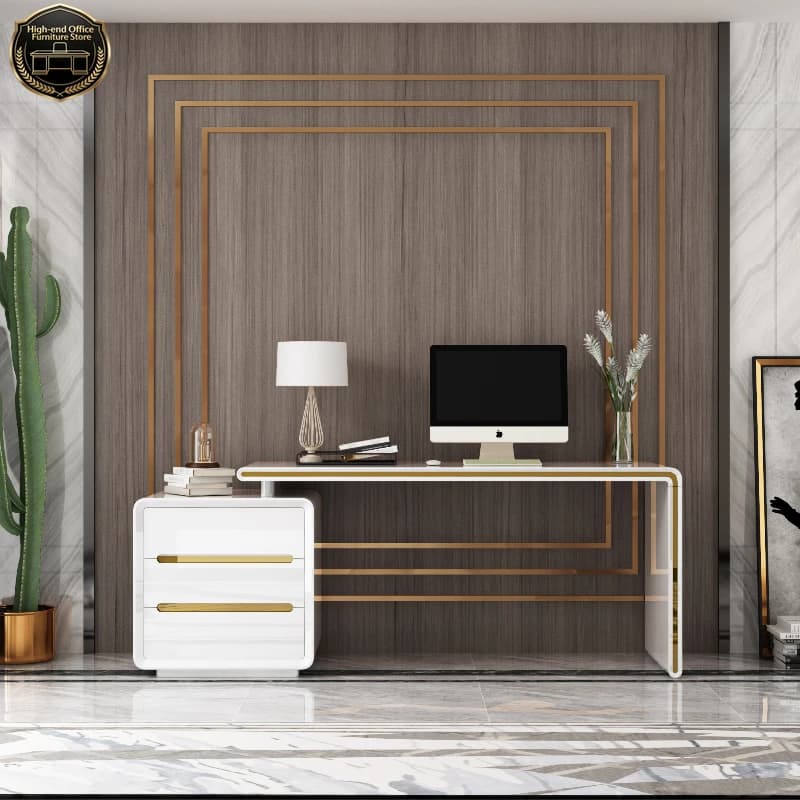 Scrivania Moderna Bianca di Lusso con Cassetti Portaoggetti, Scrivania Nera Regolabile in Altezza per Computer, Studio, Laptop, Mobili da Ufficio