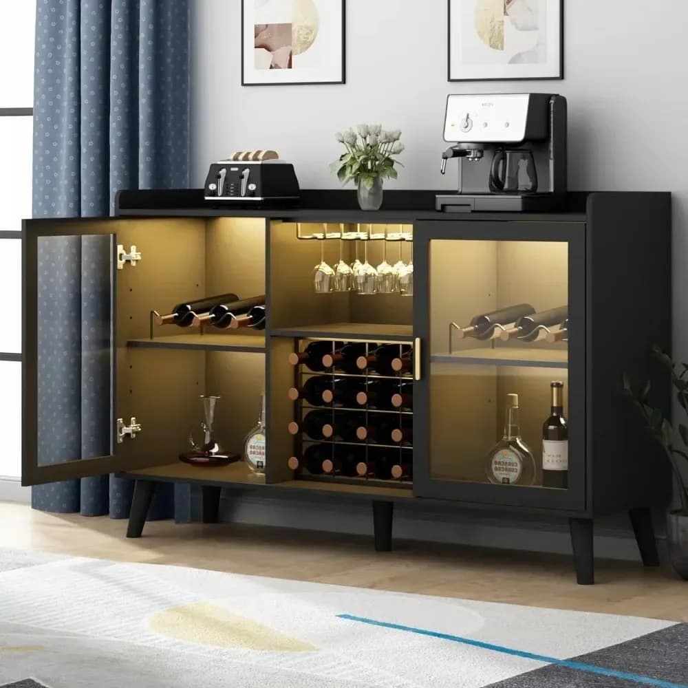 Per armadietto bar per vini con luce a LED, armadietto per vini domestici con portabottiglie e portabicchiere, armadietto per liquori indipendente