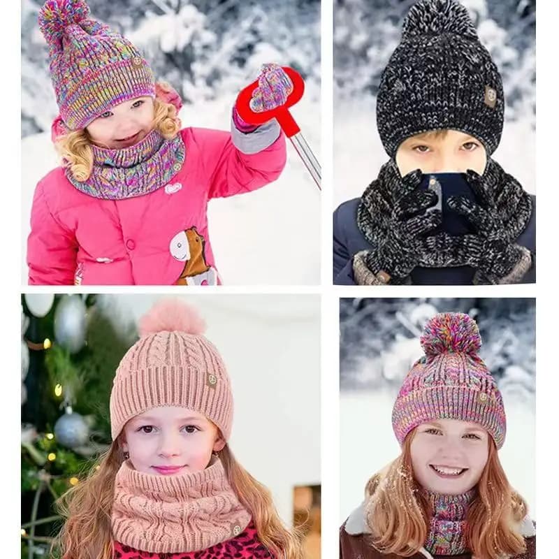 Inverno Medio e Grande Per Bambini Lavorato A Maglia Palla di Lana Cappello Sciarpa Guanti Tre Pezzi Per Bambini Imbottito Cappello Caldo Combo Vestito 2026 Nuovo