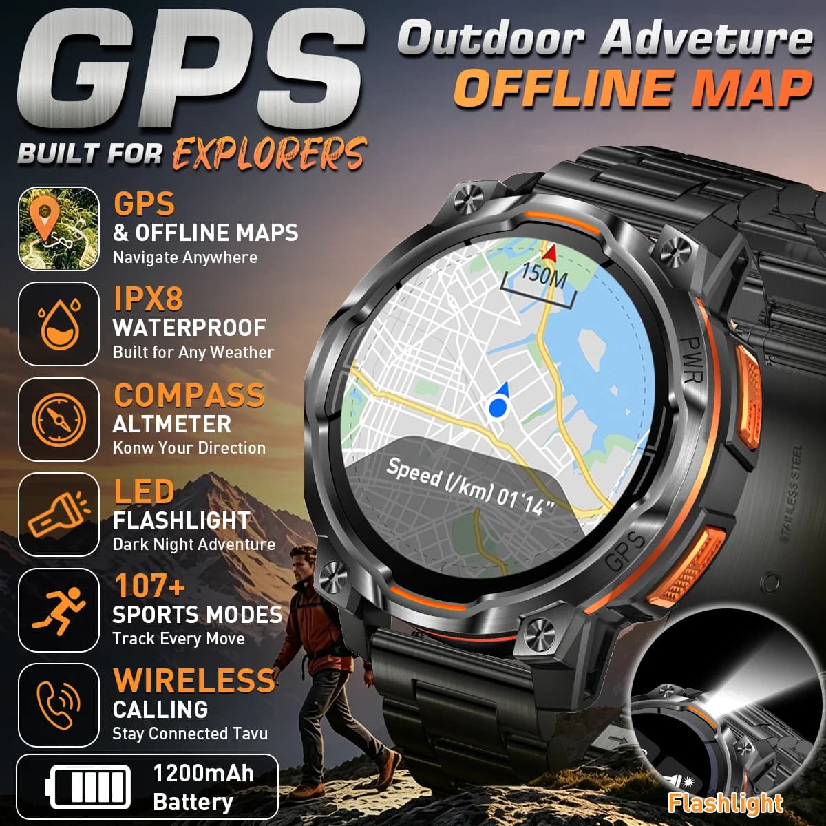LIGE 2026 New GPS Offline Map Smart Watch Men Outdoor Waterproof Compass Altimeter BT Call Android WhatsApp Reply Men Smartwatch