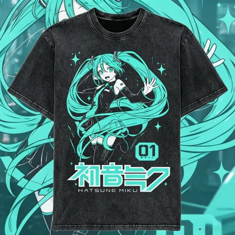 2026 Summer Japanese Anime Hatsune Miku Vintage Washed T Shirt Men Women Oversized Streetwear Graphic Tees Casual Cotton Tops